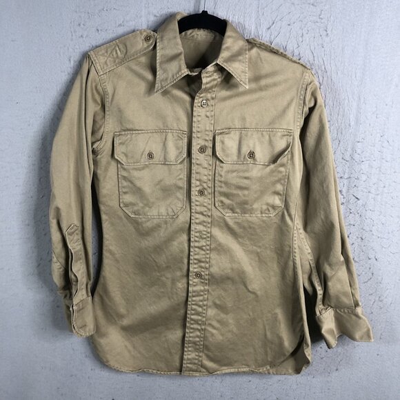 Vintage WWII Uniform Shirt Mens XS Khaki Long Sleeve Red Four Leaf Clover Patch - Picture 12 of 16